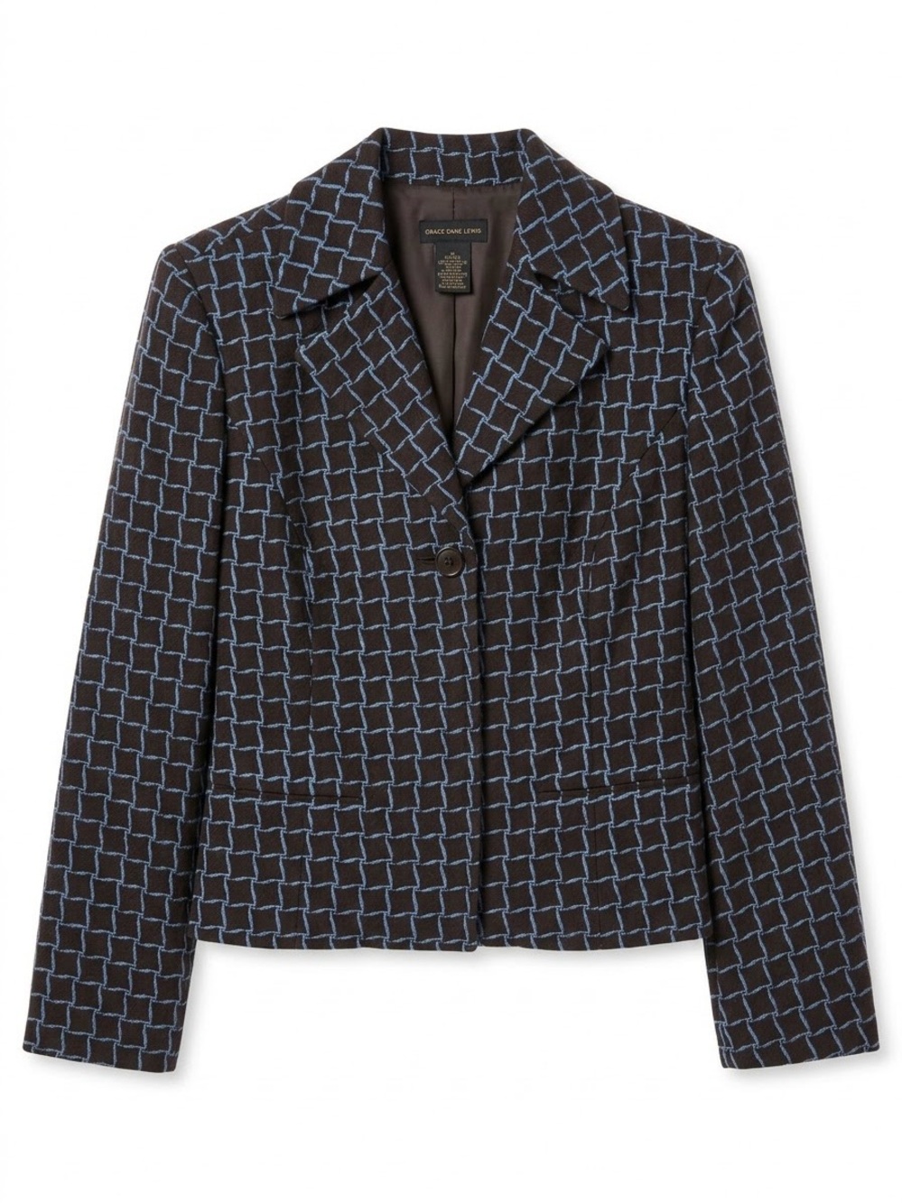 Grace Dane Lewis Brown Blue Grid Wool Blend Blazer Sz 8 Plaid Jacket Office Fall